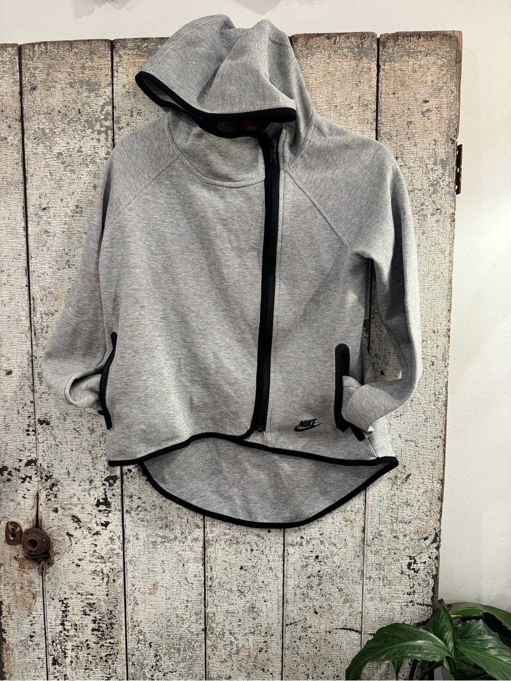 Nike Women’s XS Gray Asymmetrical Full Zip Hooded Jacket Black Trim
